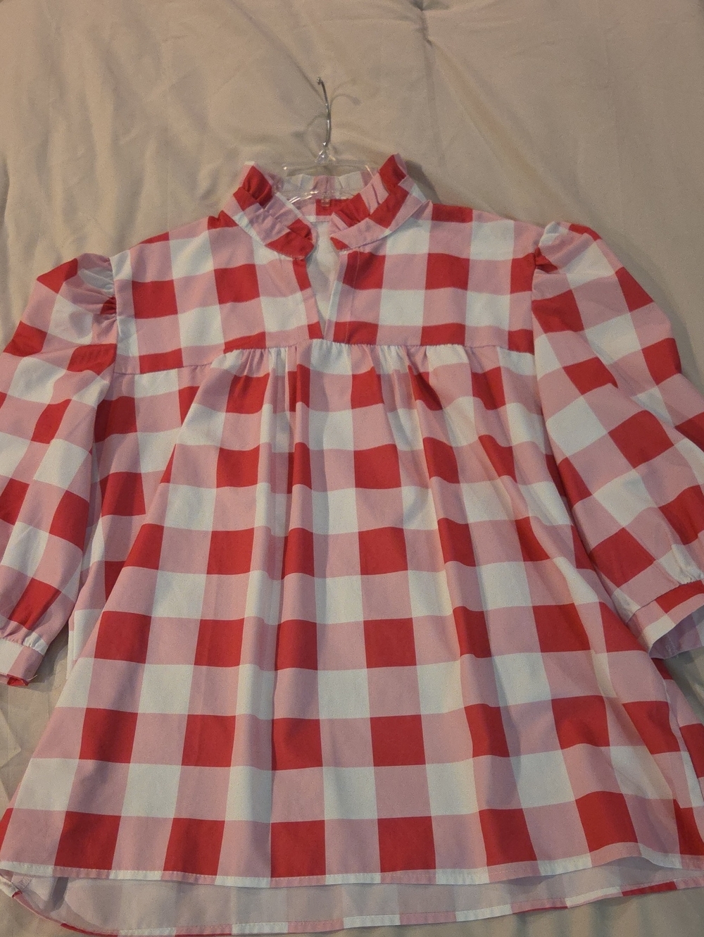 Pink Gingham Ruffle-Yoke  Women's Blouse